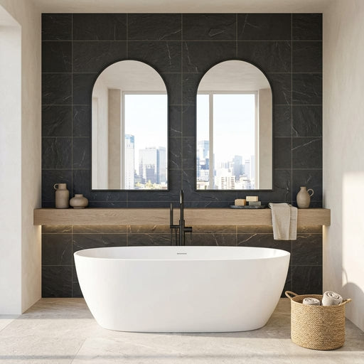 Montauk Black 16x24 Gauged Slate Natural Stone Tile — Bathroom shower wall