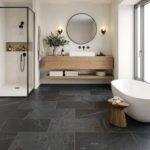 Montauk Black 18x36 Gauged Slate Tile — Bathroom floor