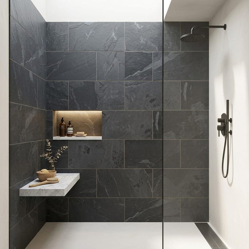 Montauk Black 18x36 Gauged Slate Tile — Bathroom shower wall