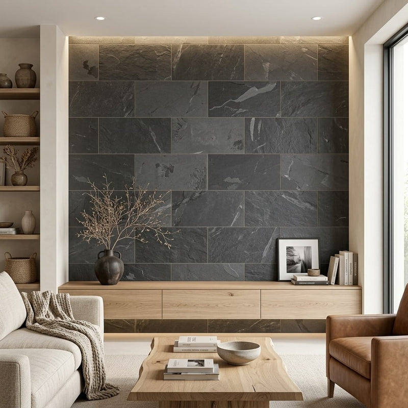 Montauk Black 18x36 Gauged Slate Tile — Living Room feature wall