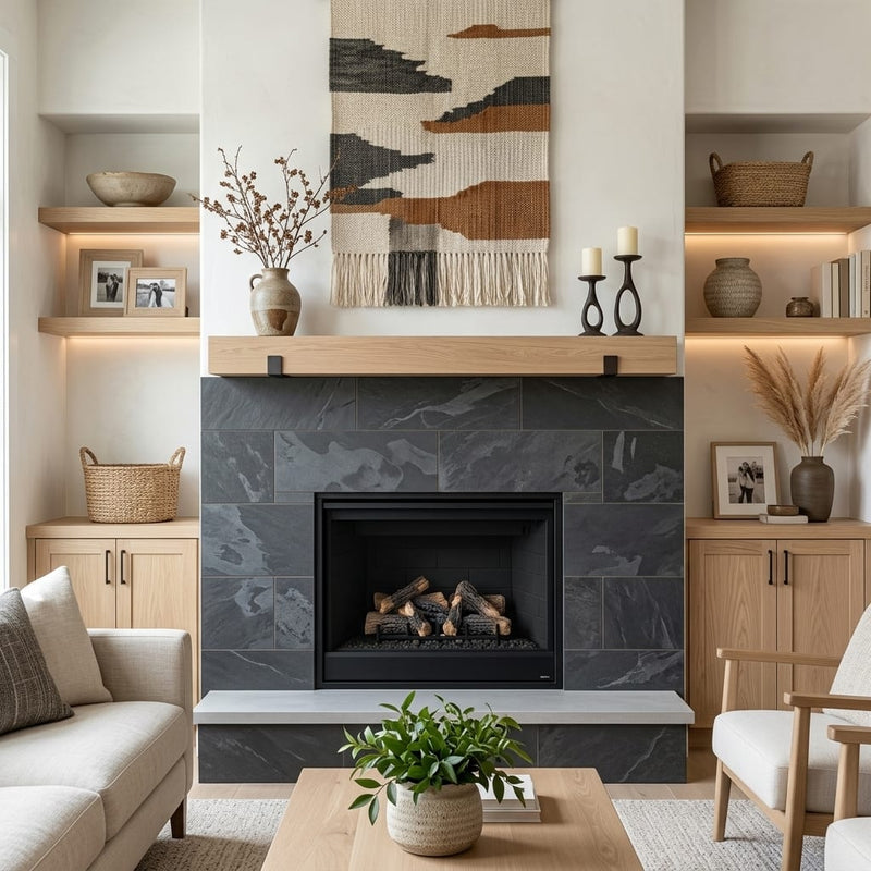 Montauk Black 18x36 Gauged Slate Tile — Living Room fireplace surround