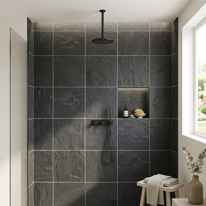 Montauk Black 24x24 Gauged Slate Tile — Bathroom shower wall