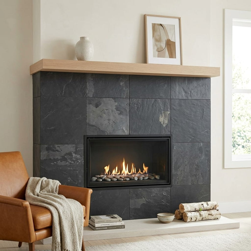 Montauk Black 24x24 Gauged Slate Tile — Living Room fireplace surround