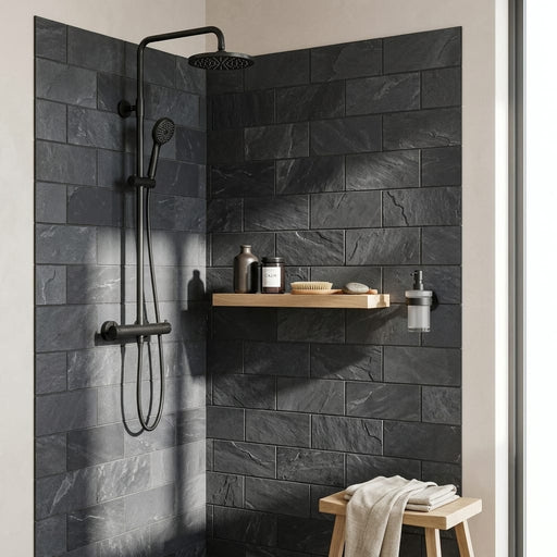 Montauk Black 3x6 Subway Gauged Slate Tile — Bathroom shower wall