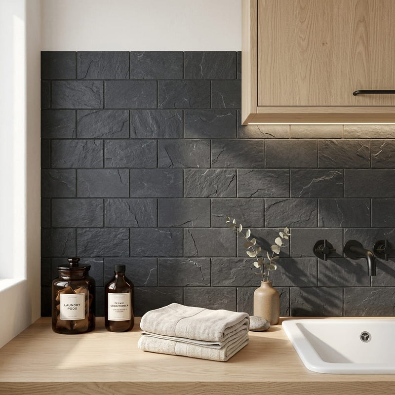 Montauk Black 3x6 Subway Gauged Slate Tile — Laundry Room backsplash