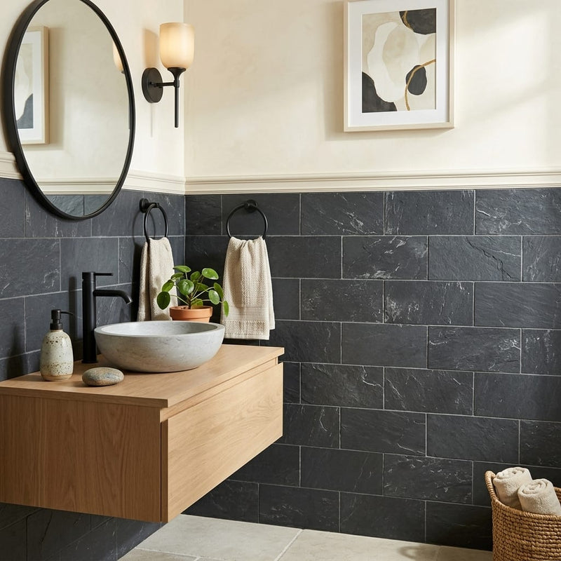 Montauk Black 3x6 Subway Gauged Slate Tile — Powder Room wainscot