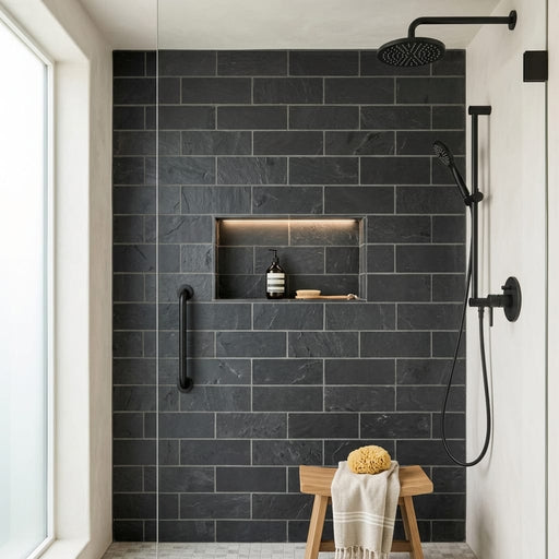 Montauk Black 4x12 Subway Gauged Slate Tile — Bathroom shower wall