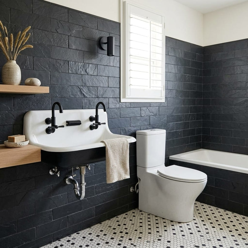 Montauk Black 4x12 Subway Gauged Slate Tile — Bathroom wall