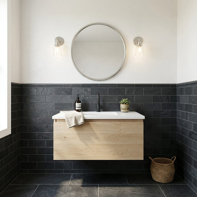 Montauk Black 4x12 Subway Gauged Slate Tile — Powder Room wainscot