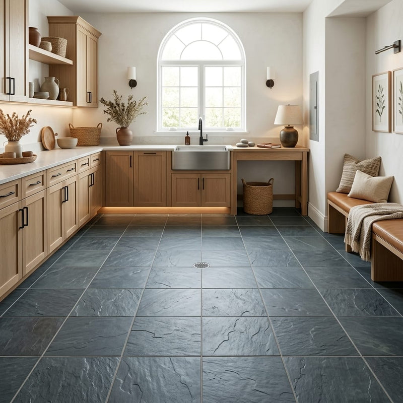 Montauk Blue 12x12 Gauged Slate Tile — Basement floor