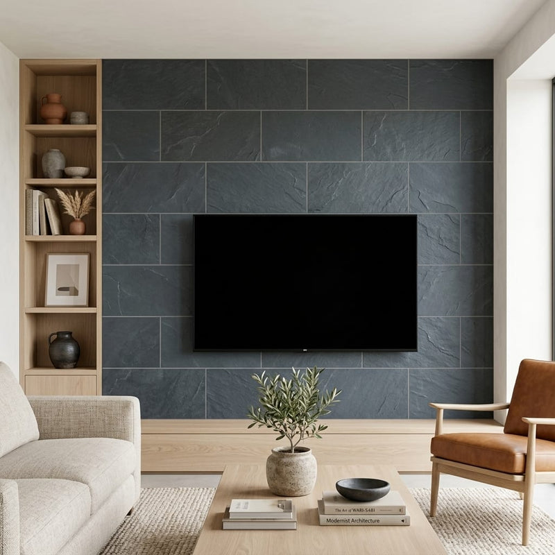 Montauk Blue 12x24 Gauged Slate Tile — Living Room feature wall