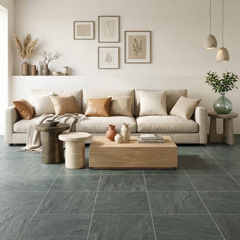 Montauk Blue 16x16 Gauged Slate Tile — Living Room floor