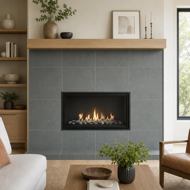 Montauk Blue 24x24 Gauged Slate Tile — Living Room fireplace surround