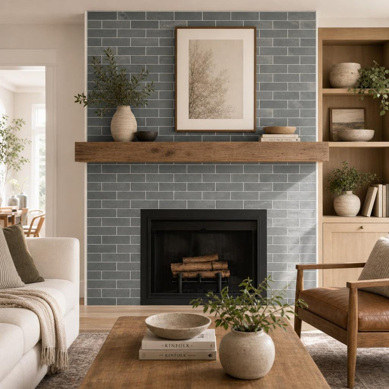 Montauk Blue 4x12 Gauged Slate Tile — Living Room fireplace surround