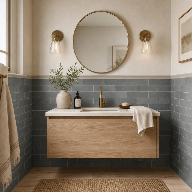 Montauk Blue 4x12 Gauged Slate Tile — Powder Room wainscot