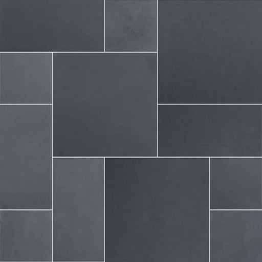 Close-up of Montauk Blue Ashler Versailles pattern gauged slate tiles with blue-gray square and rectangular pieces separated by thin joints.