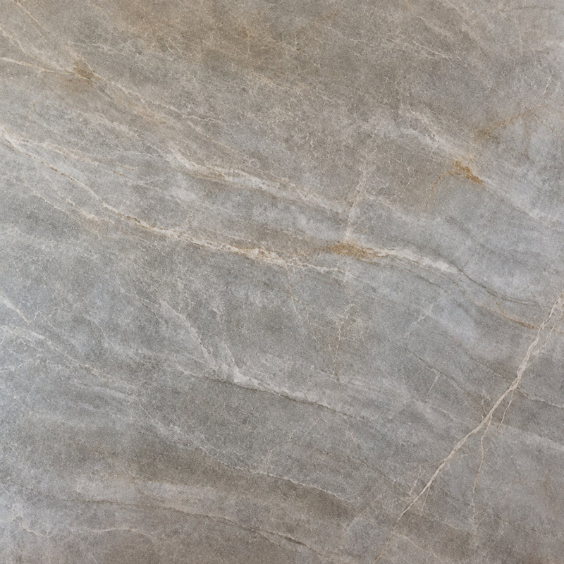 Montebello 3cm polished quartzite slab with a grey background, ivory veining and warm beige mineral accents.