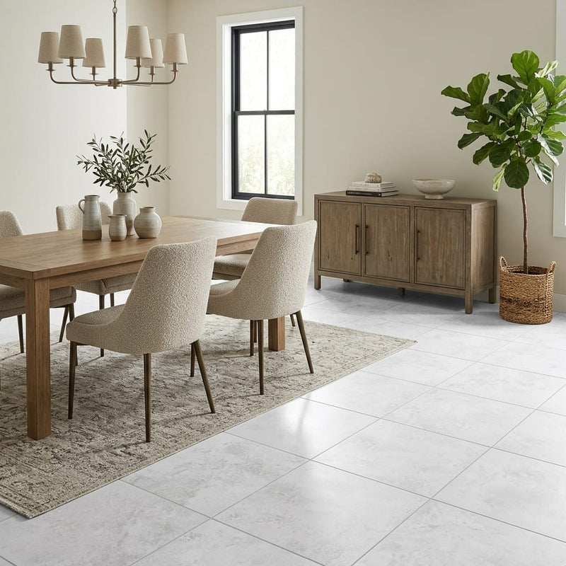 Monument White 17x17 Ceramic Tile 18x18 — Dining Room floor