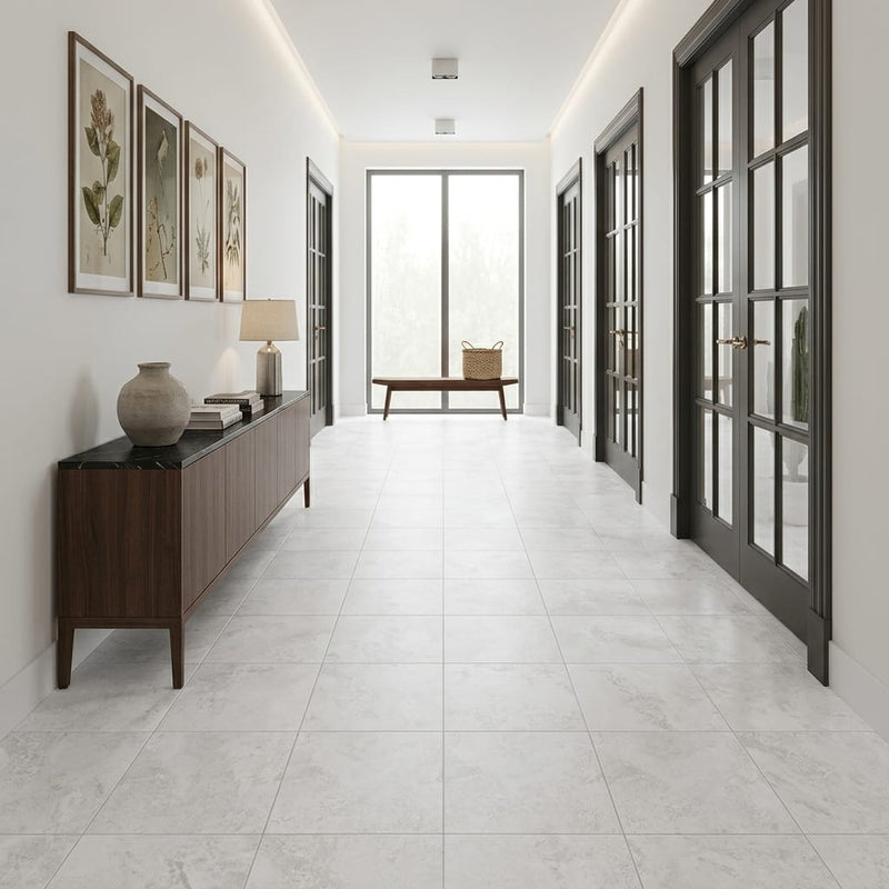 Monument White 17x17 Ceramic Tile 18x18 — Hallway floor