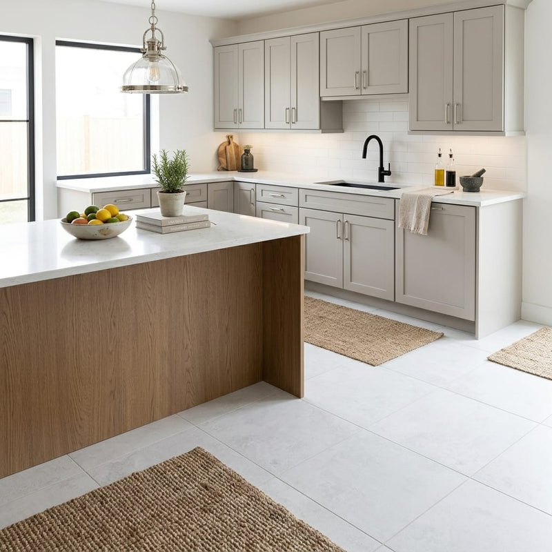 Monument White 17x17 Ceramic Tile 18x18 — Kitchen floor