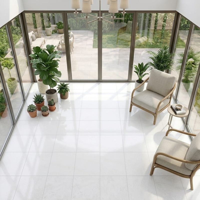 Monument White 17x17 Ceramic Tile 18x18 — Sunroom floor