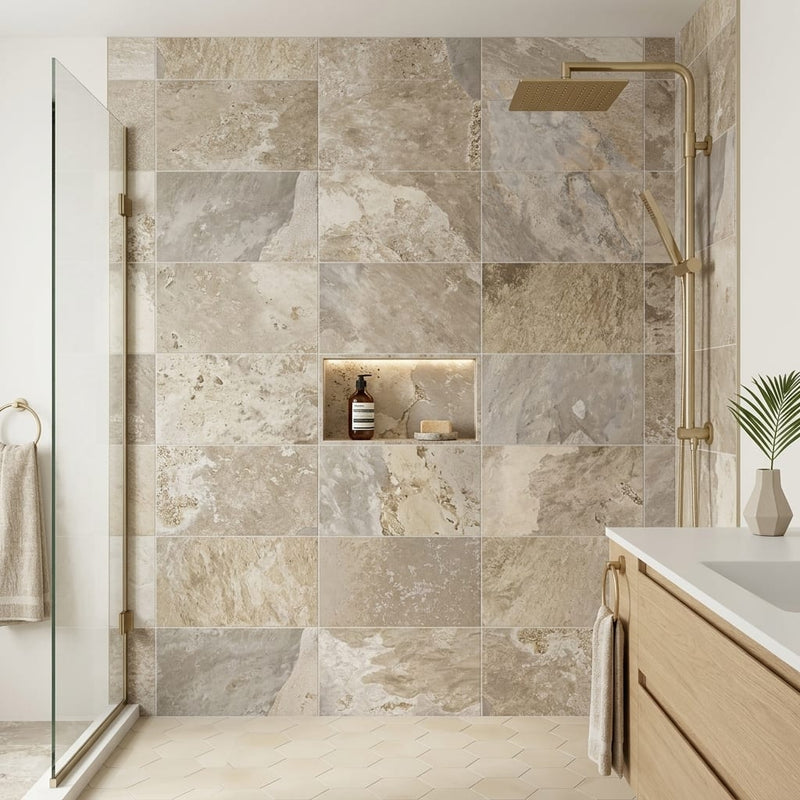 More Nut 12x24 Pressed Porcelain Tile — Bathroom shower wall