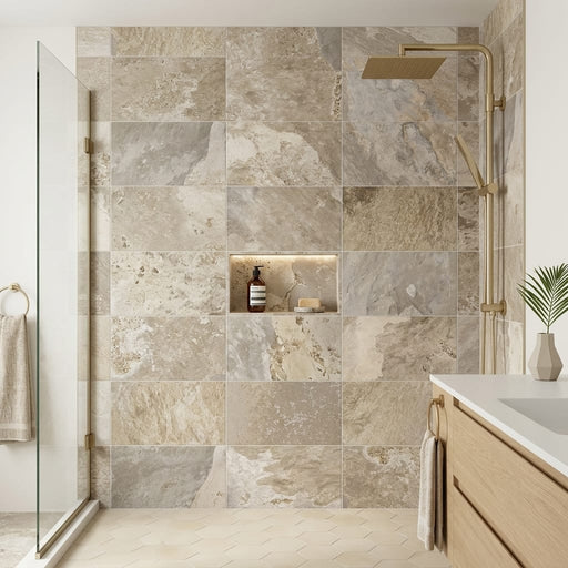 More Nut 12x24 Pressed Porcelain Tile — Bathroom shower wall