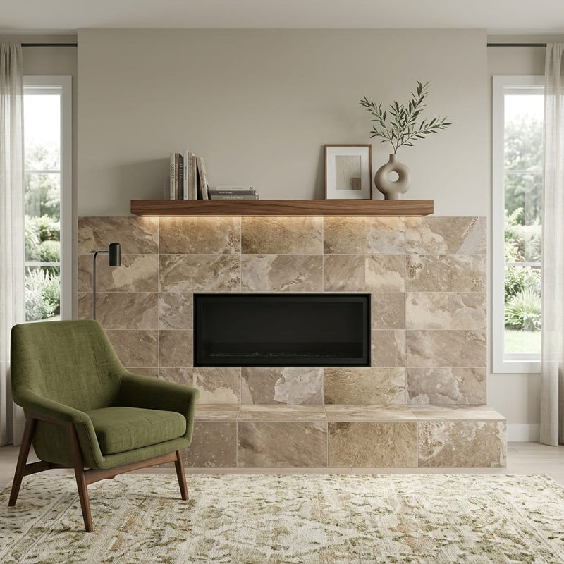 More Nut 12x24 Pressed Porcelain Tile — Living Room fireplace surround