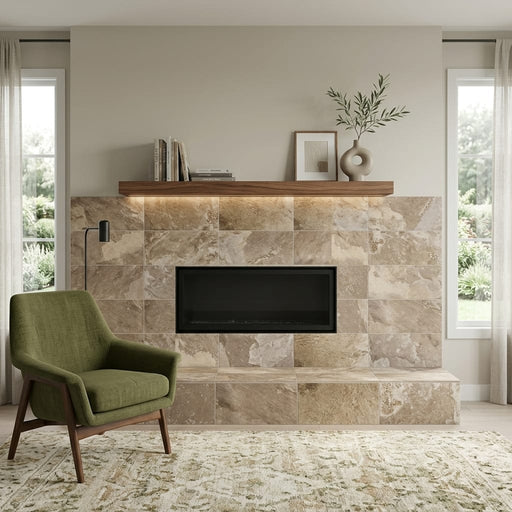 More Nut 12x24 Pressed Porcelain Tile — Living Room fireplace surround