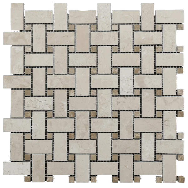 12x12 Mesh Sandy Beige Basketweave Polished Veined Marble Mosaic