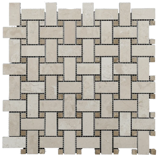 12x12 Mesh Sandy Beige Basketweave Polished Veined Marble Mosaic