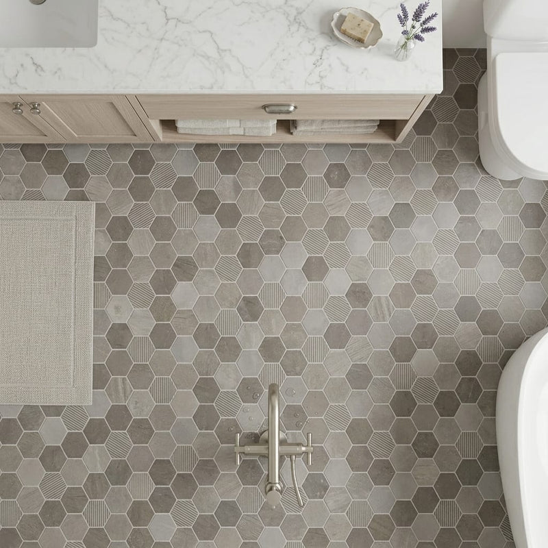 Moselle Gris 2x2 Hexagon Honed, Brushed Limestone Mosaic — Bathroom floor