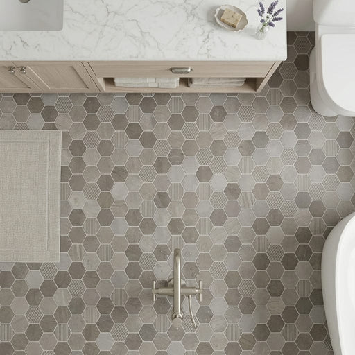 Moselle Gris 2x2 Hexagon Honed, Brushed Limestone Mosaic — Bathroom floor