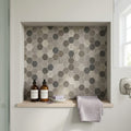Moselle Gris 2x2 Hexagon Honed, Brushed Limestone Mosaic — Bathroom niche