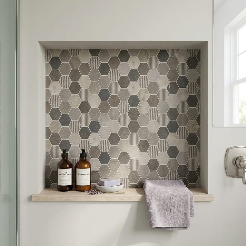 Moselle Gris 2x2 Hexagon Honed, Brushed Limestone Mosaic — Bathroom niche