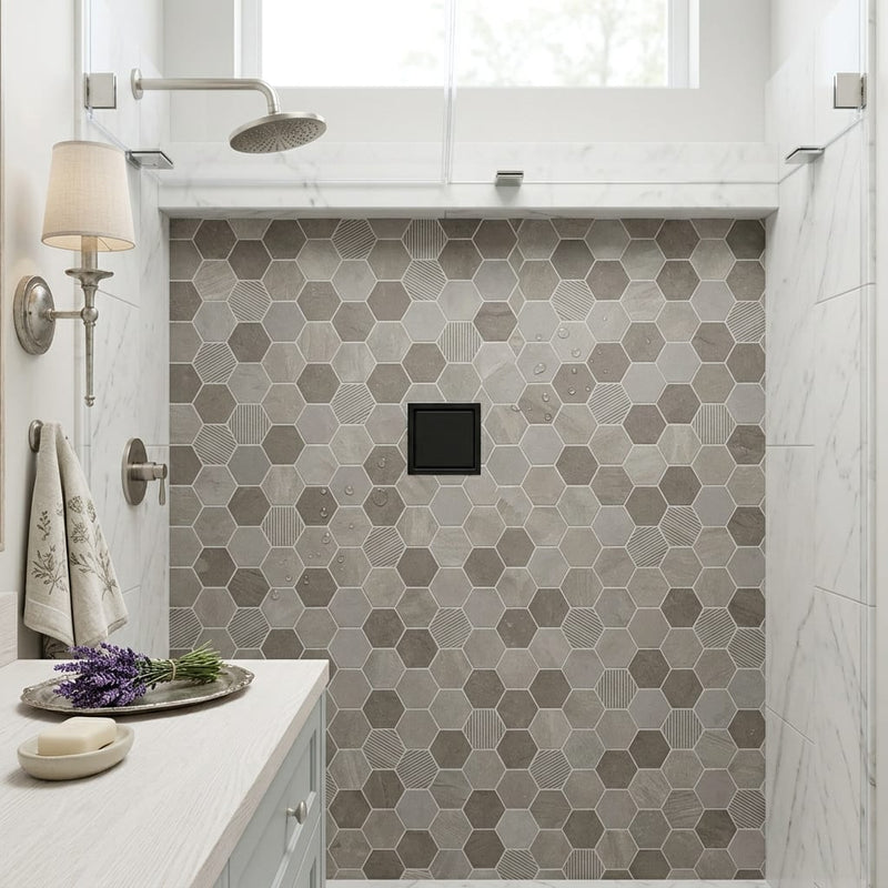 Moselle Gris 2x2 Hexagon Honed, Brushed Limestone Mosaic — Bathroom shower floor