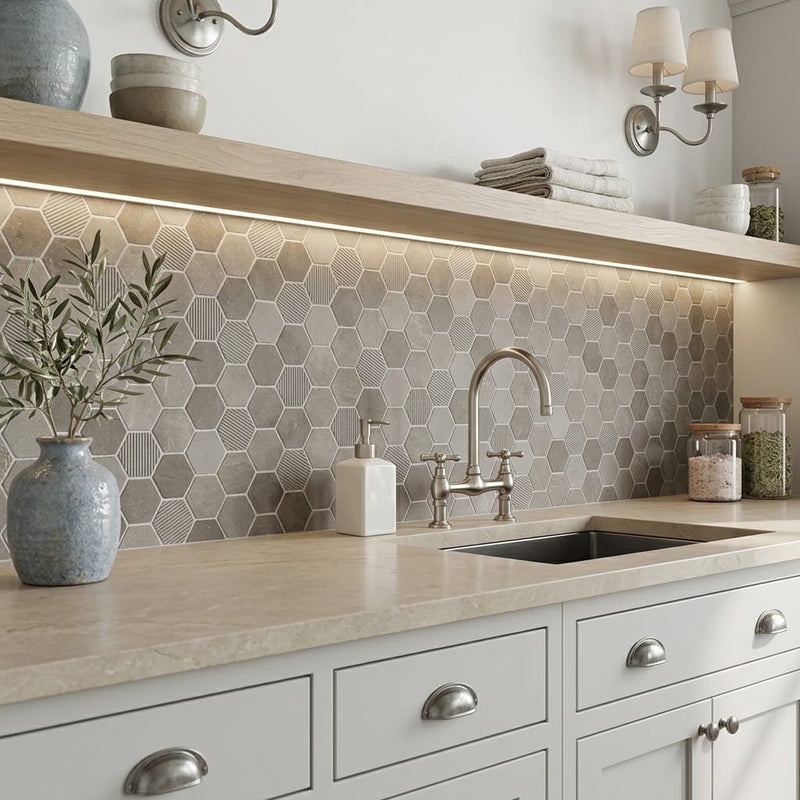 Moselle Gris 2x2 Hexagon Honed, Brushed Limestone Mosaic — Kitchen backsplash