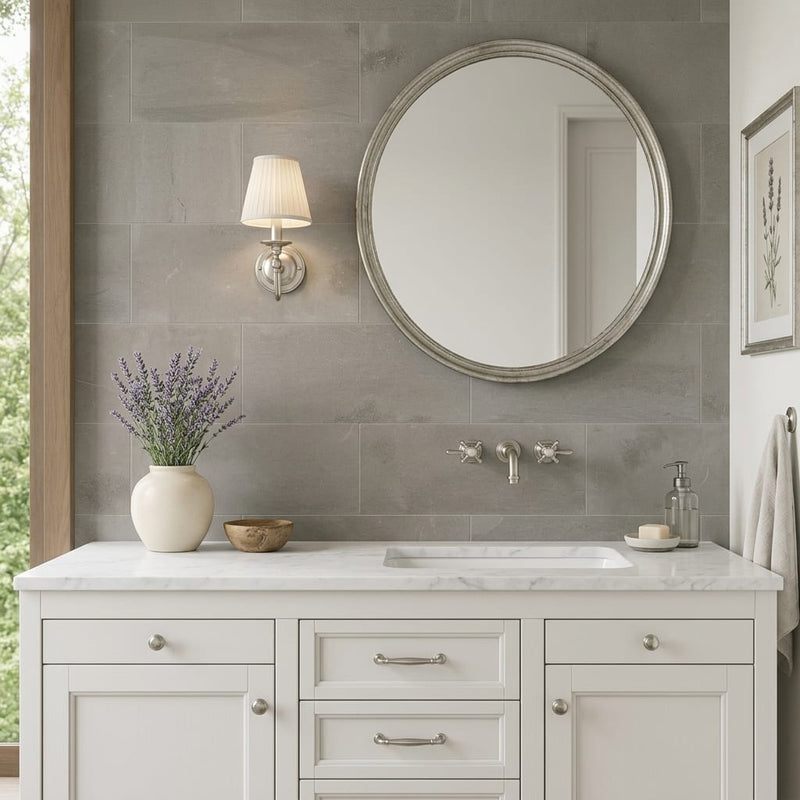 Moselle Gris Limestone Tile 12x24 Honed 3/8 inch — Bathroom vanity wall