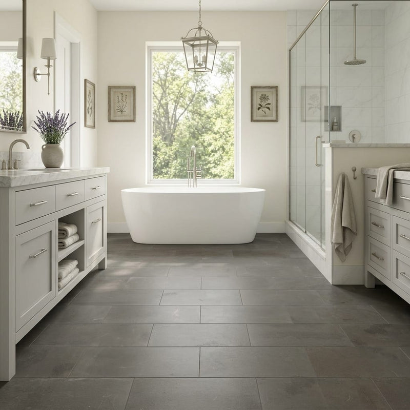 Moselle Gris Limestone Tile 12x24 Honed 3/8 inch — Primary Bath floor