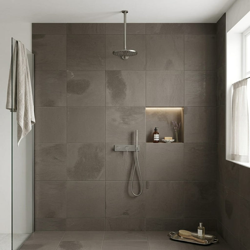 Moselle Gris Limestone Tile 24x24 Honed — Bathroom shower wall