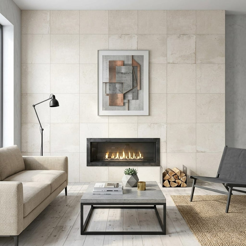 Museo Exhibition White Matte 24x24 Porcelain Tile — Living Room feature wall