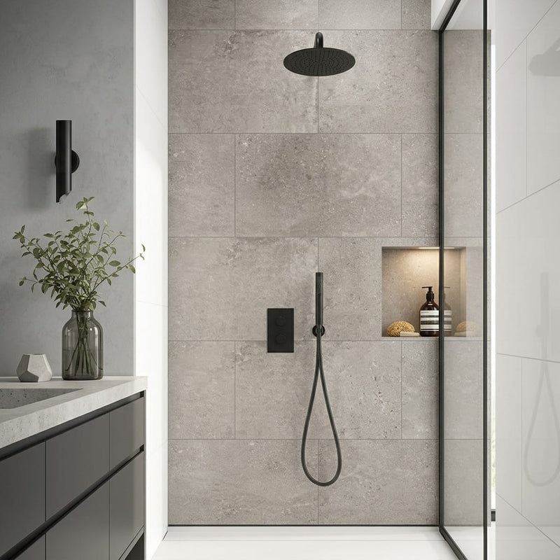 Museo Natural Grey Matte 24x48 Porcelain Tile — Bathroom shower wall