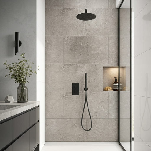 Museo Natural Grey Matte 24x48 Porcelain Tile — Bathroom shower wall