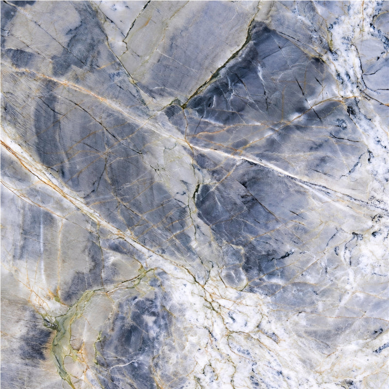 Mystic Blue 2cm polished quartzite slab with blue-gray tones and white veining.