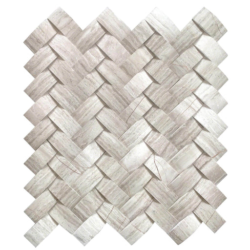 Mystic Cloud honed marble mosaic with curved herringbone pieces, soft cream and grey tones, natural linear veining and narrow joints.