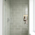 Natucer Frame Sage Glossy 6x12 Porcelain Tile — Bathroom shower wall edge