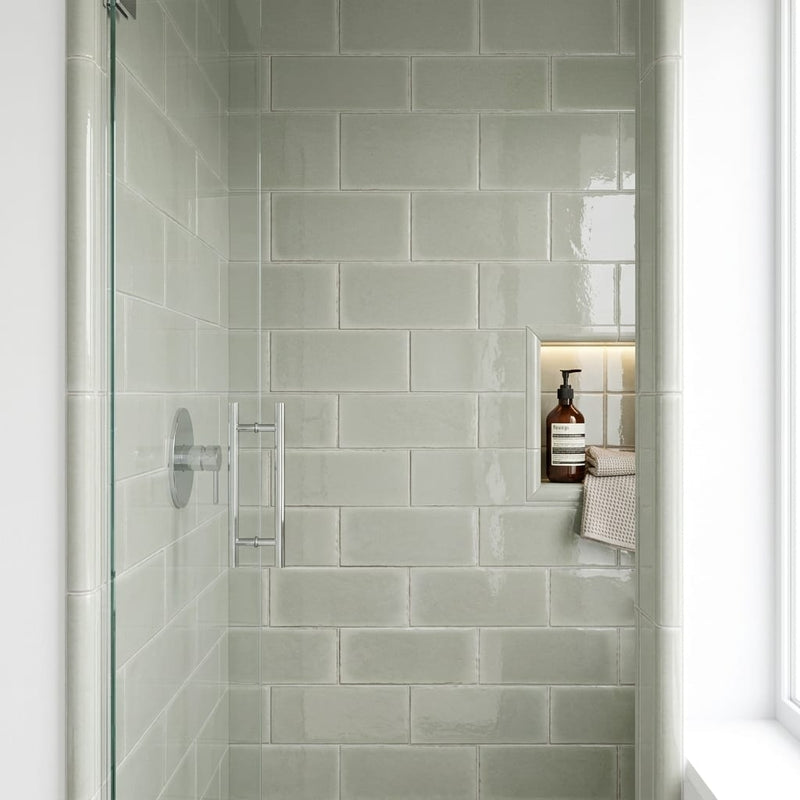Natucer Frame Sage Glossy 6x12 Porcelain Tile — Bathroom shower wall edge