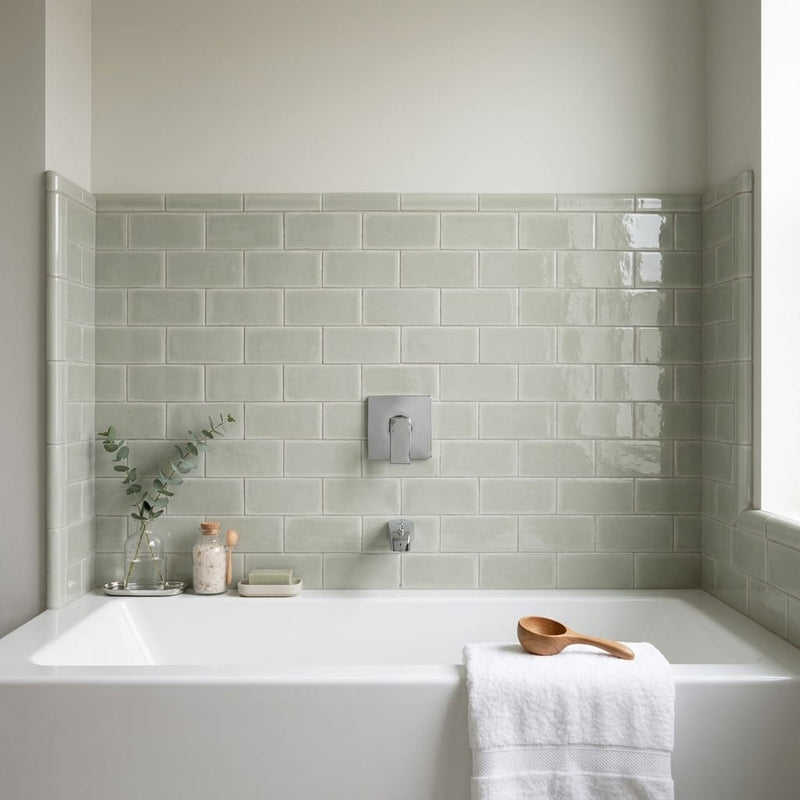 Natucer Frame Sage Glossy 6x12 Porcelain Tile — Bathroom tub surround edge