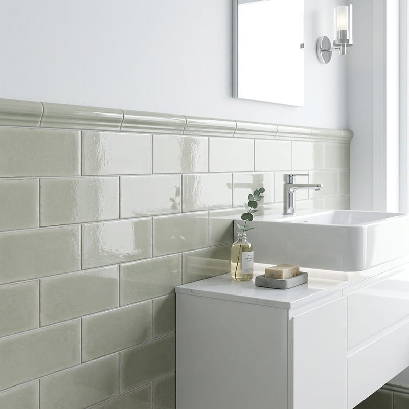 Natucer Frame Sage Glossy 6x12 Porcelain Tile — Bathroom wainscot cap