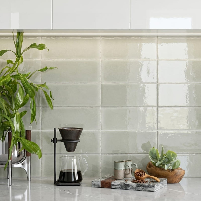 Natucer Frame Sage Glossy 6x12 Porcelain Tile — Kitchen backsplash edge